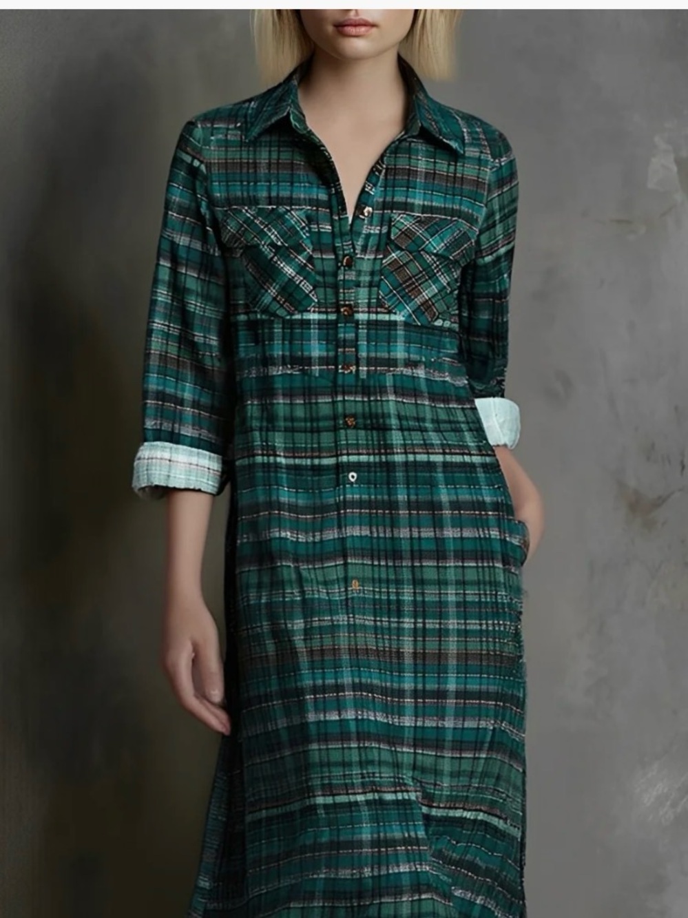 Women's Plaid Print Long-sleeved Shirt Maxi Dress NWOT